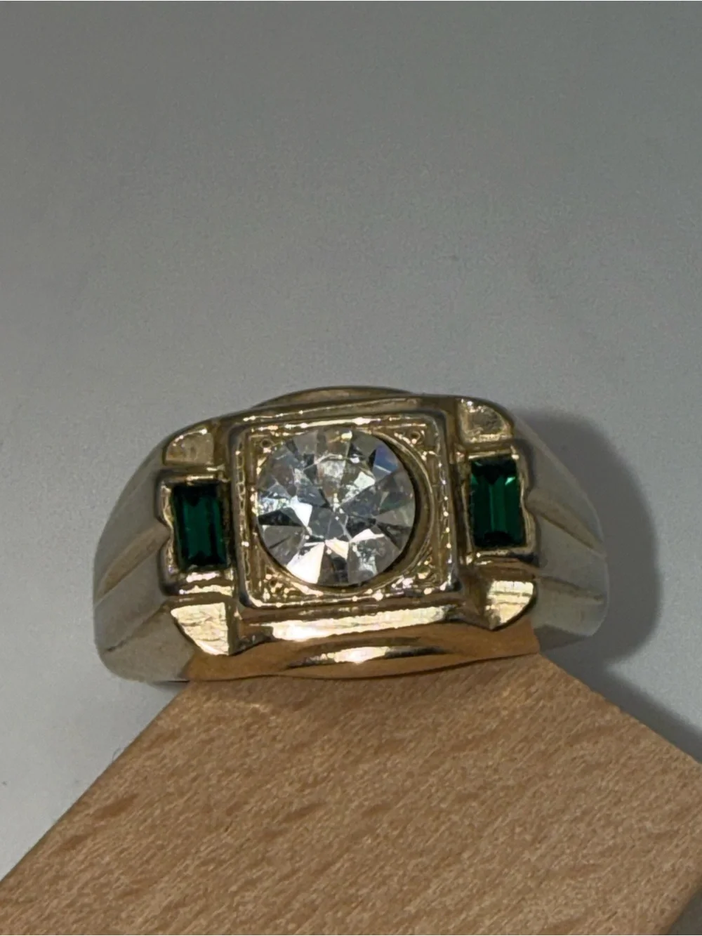 Gold-Tone Men's Signet Ring with Clear Center Stone and Green Accents